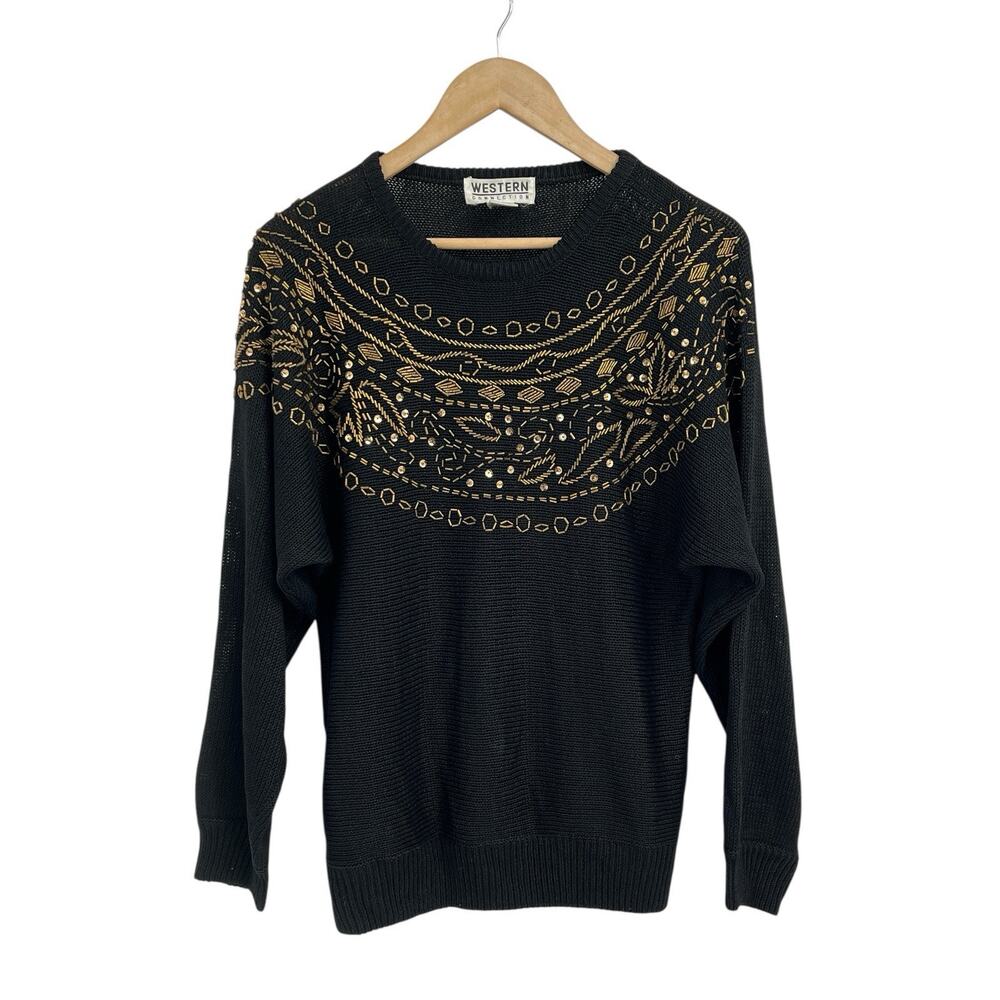 Vintage Western Connection Gold Sequin Black Sweater Medium Glam Rock 90s